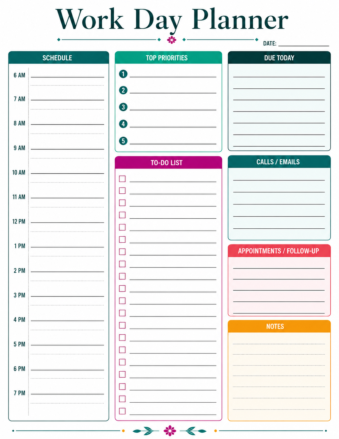 Work Day Planner — Bold Teal