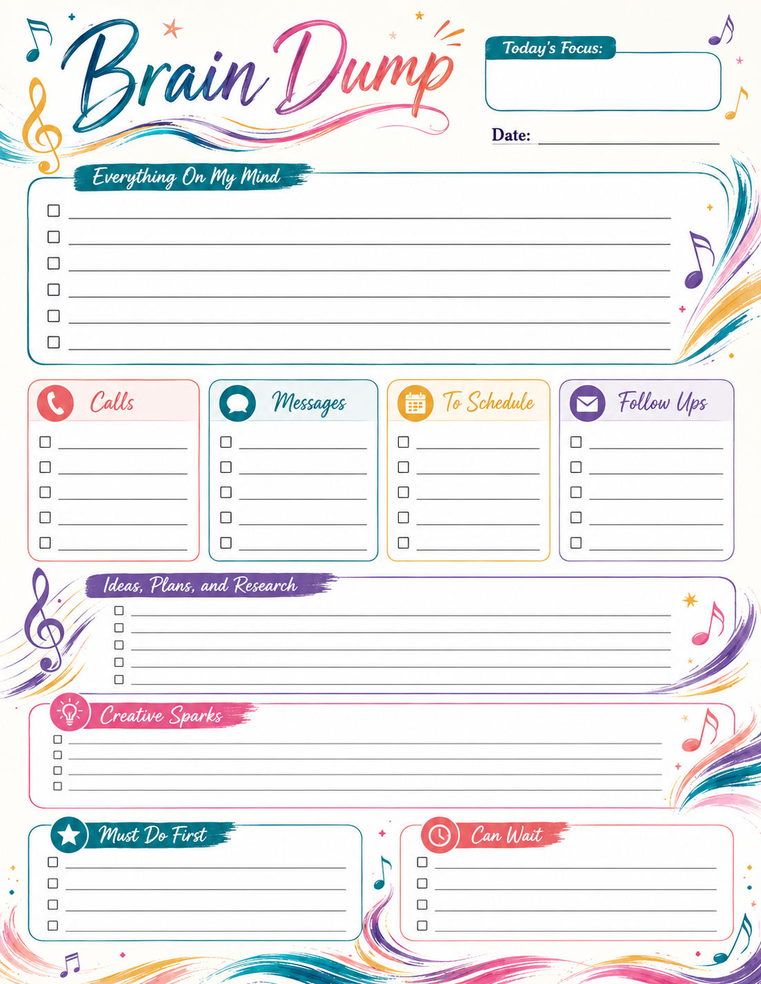 Brain Dump Planner — Rainbow Watercolor