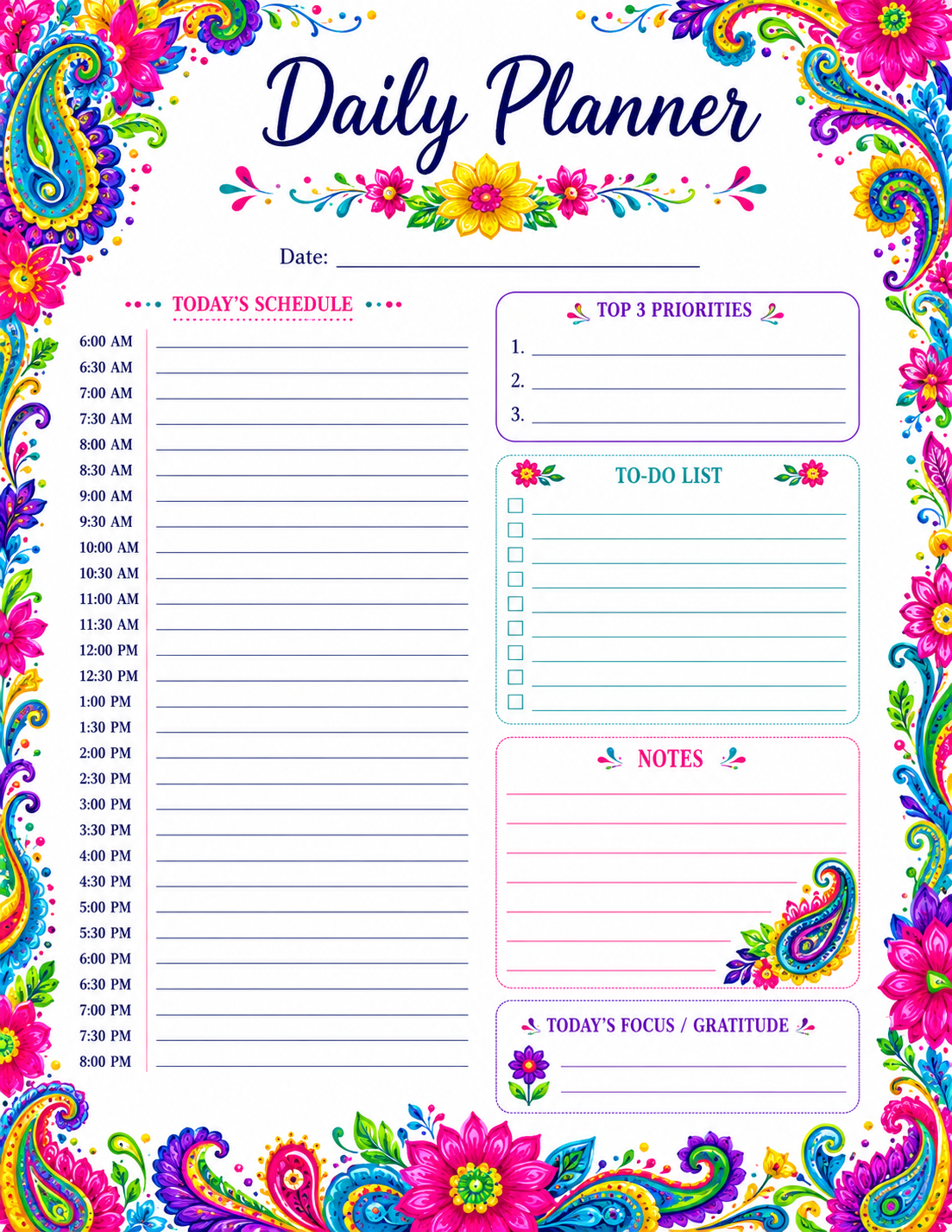 Colorful Paisley Daily Planner Page — Printable PDF