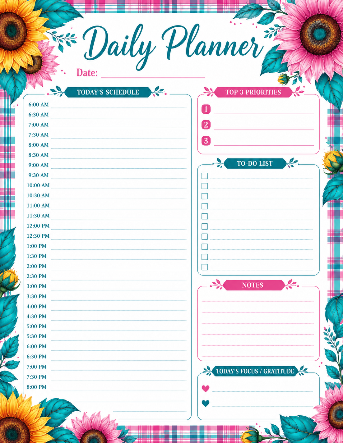 Sunflower Plaid Daily Planner Page — Printable PDF