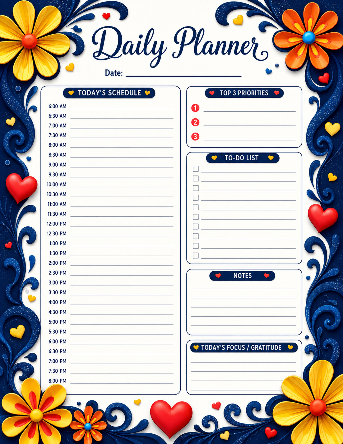 Navy Blue Floral Daily Planner Page — Printable PDF