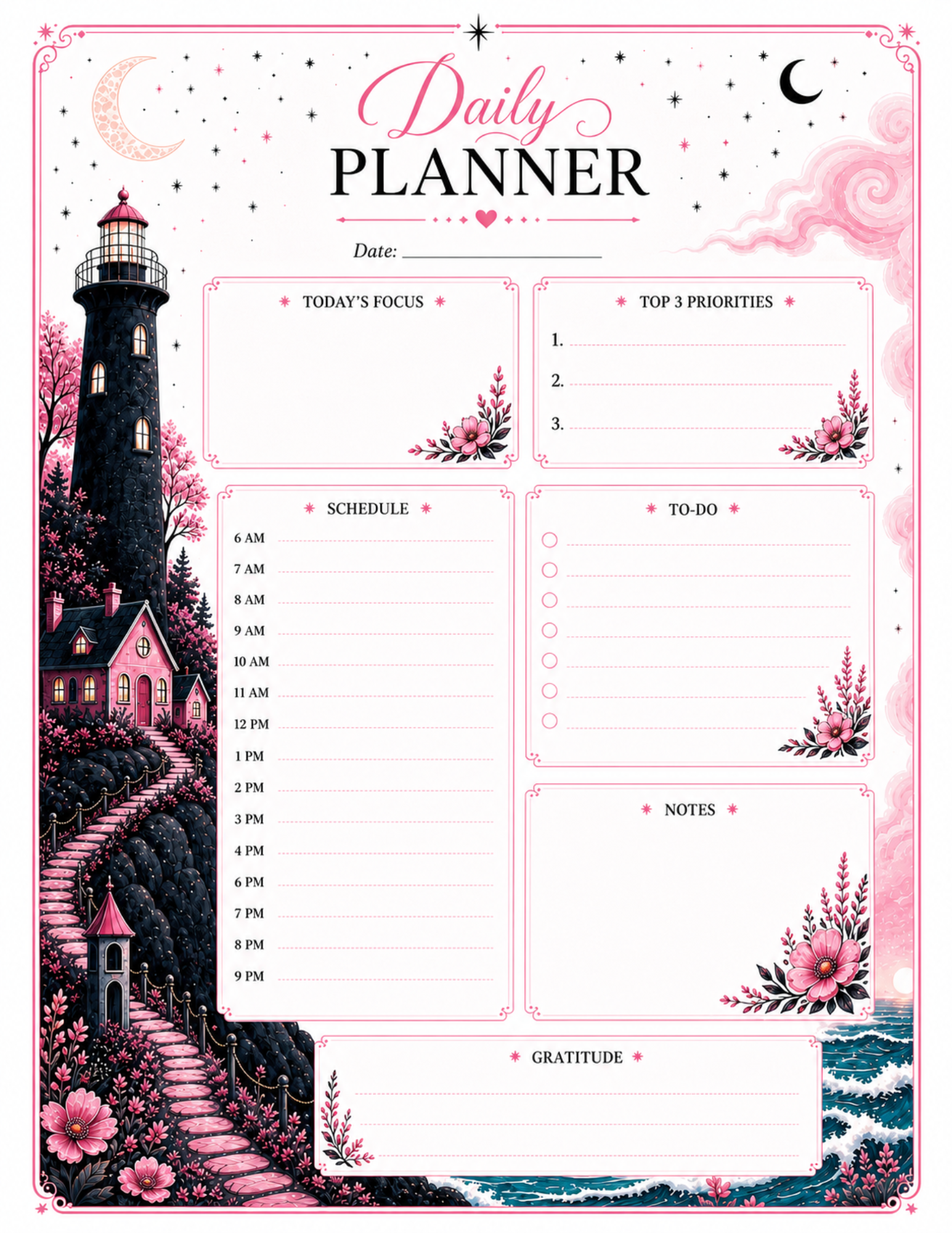 Lighthouse Daily Planner — Whimsical Coastal Gothic Printable | Daily Planning Sheet