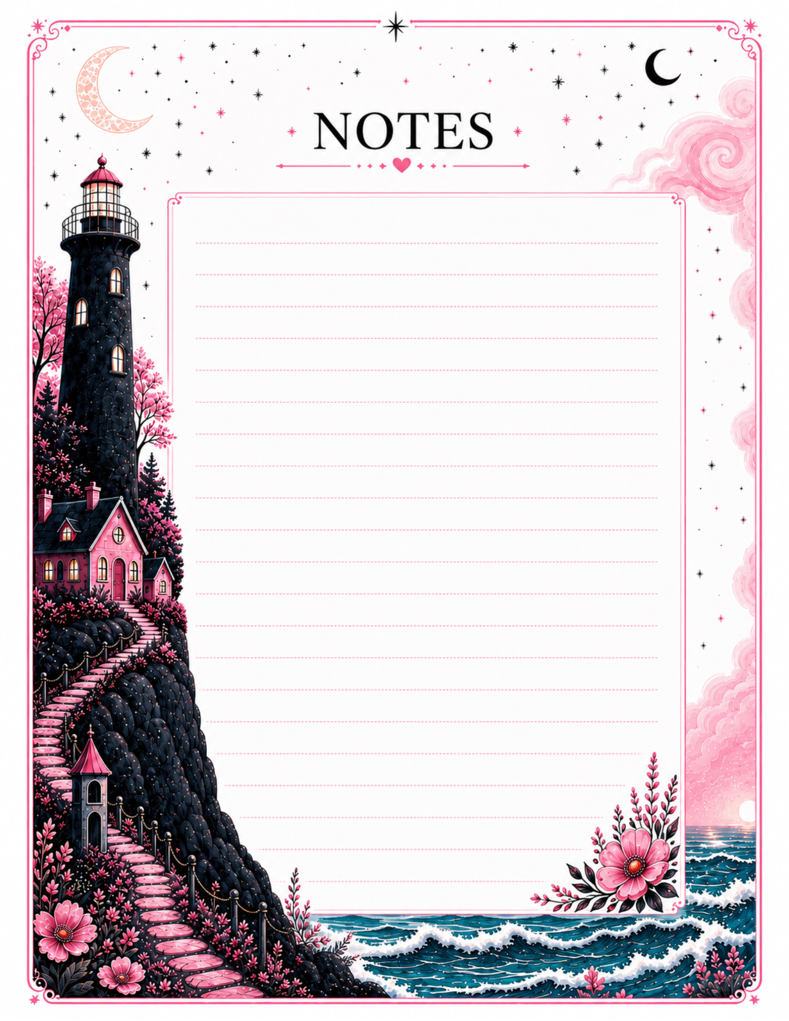 Lighthouse Notes Page — Whimsical Coastal Gothic Printable | Lined Notes Sheet
