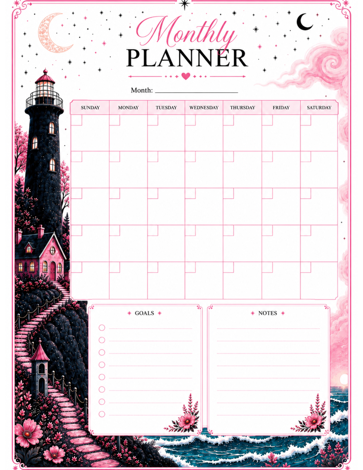 Lighthouse Monthly Planner — Whimsical Coastal Gothic Printable | Monthly Calendar Page