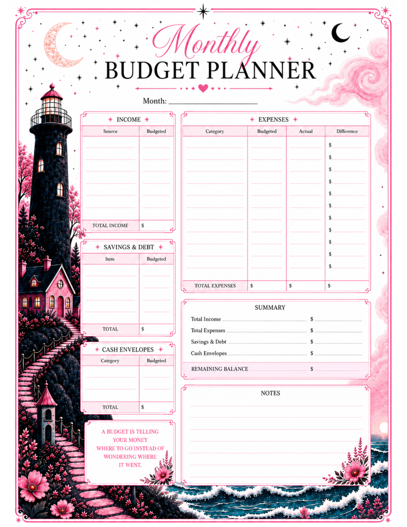 Lighthouse Monthly Budget Planner — Whimsical Coastal Gothic Printable | Budget Planning Sheet